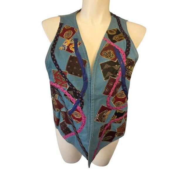 Handmade 80s Boho Reversible Vest Sz XL–2X Denim Patchwork Applique Stripe Cotto - Picture 9 of 10